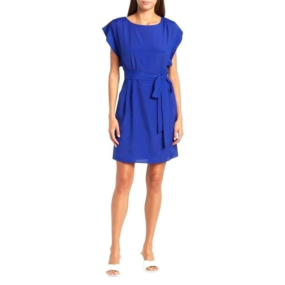 Eliza J Women Modern Chic Classic Sheath Dress 14 Royal Blue Tie Waist Pockets